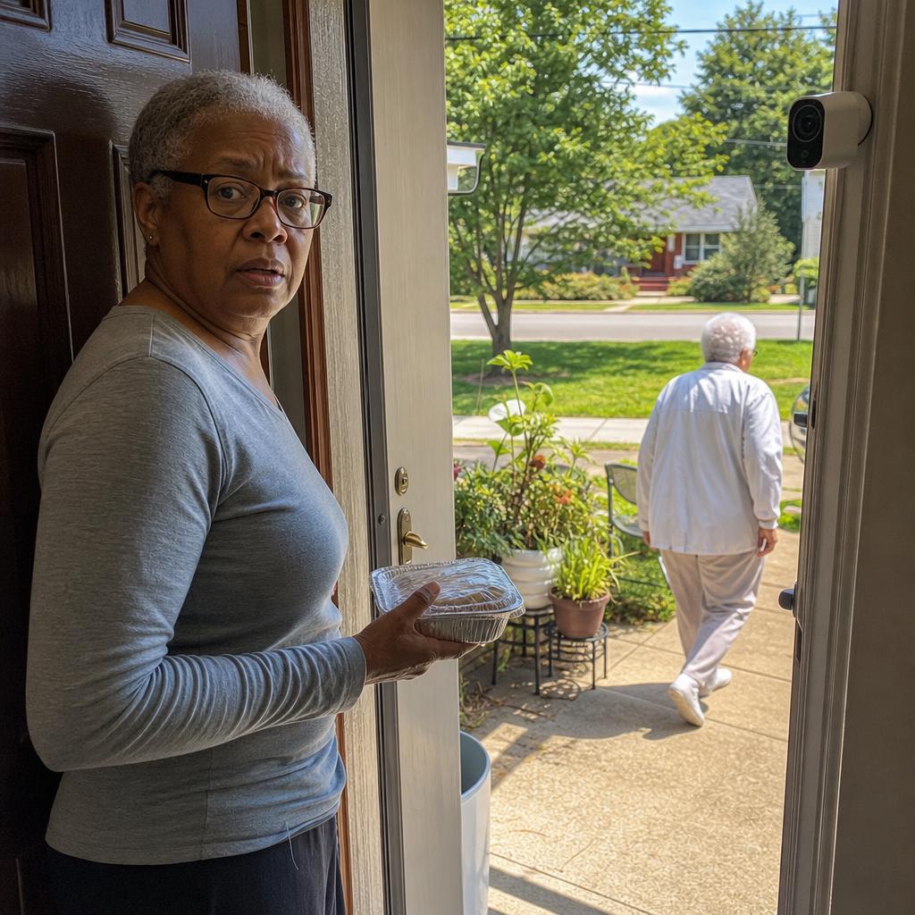 The narrator holds a foil pan at her doorway, watching her mother walk away as the porch camera sits nearby.