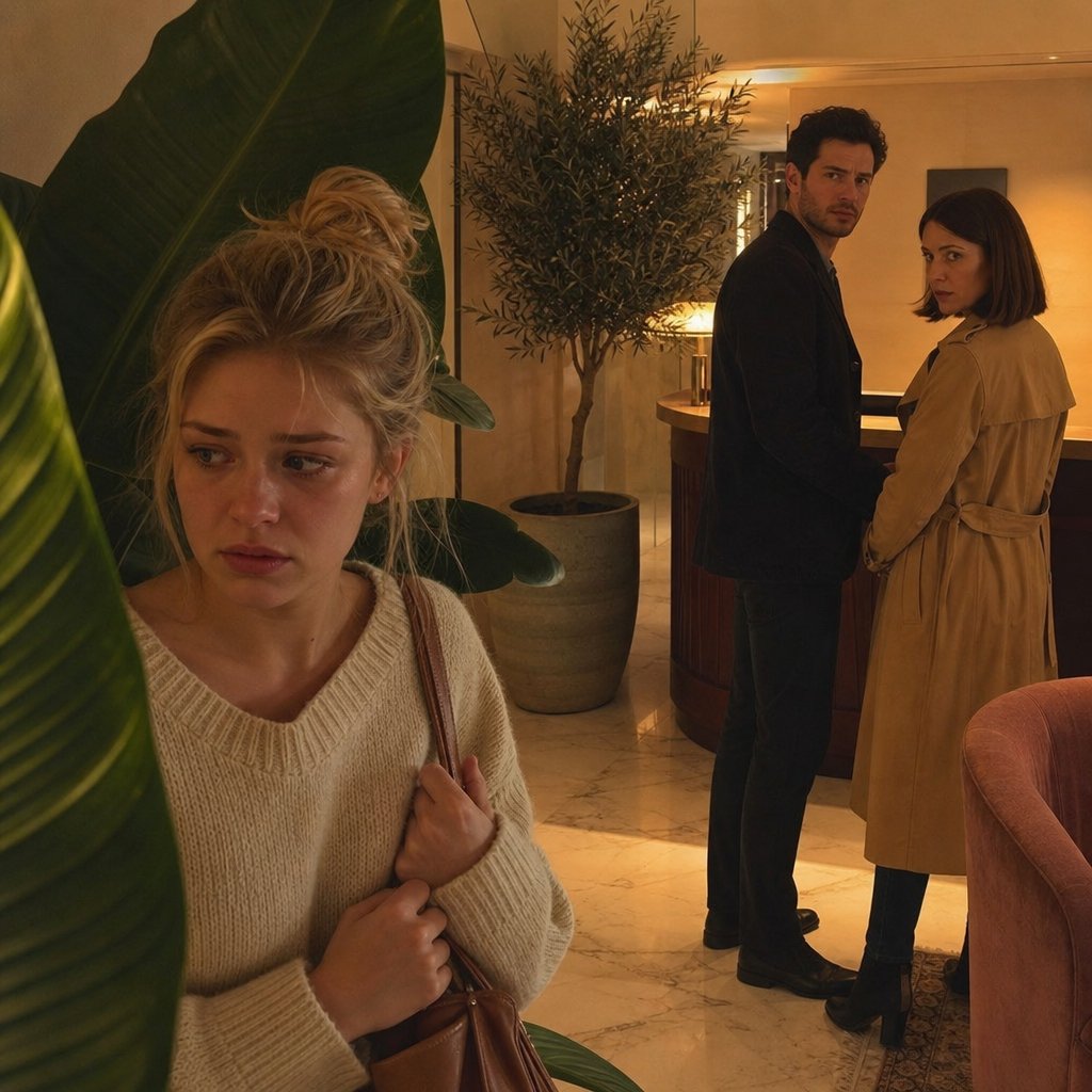 Mara stands by a lobby plant as Graham and Tessa turn and look toward her.