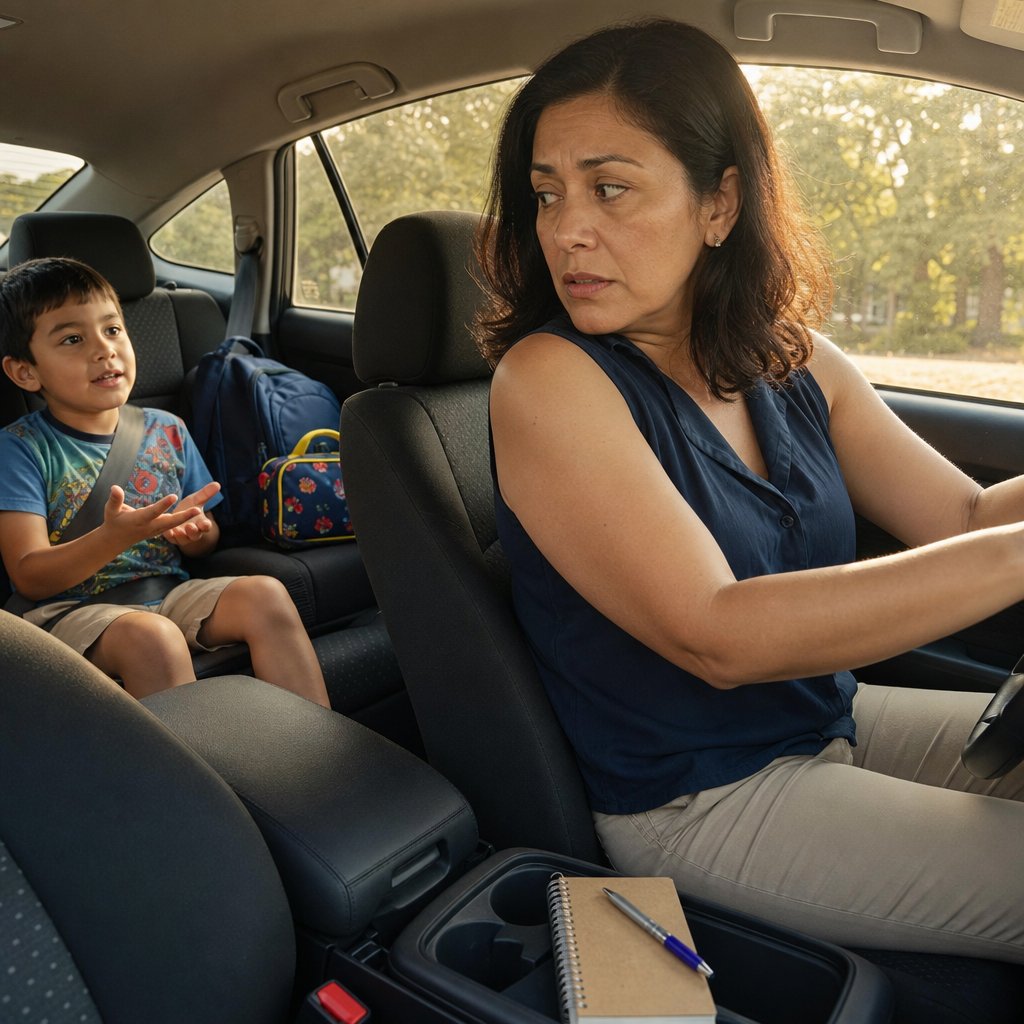 Mara listens tensely as her son talks from the back seat, her notebook and pen ready nearby.