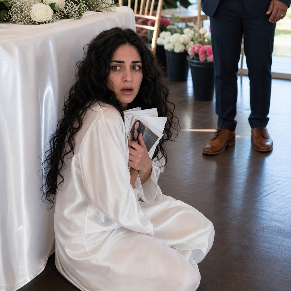 The bride sits on the floor holding papers as someone approaches from behind.