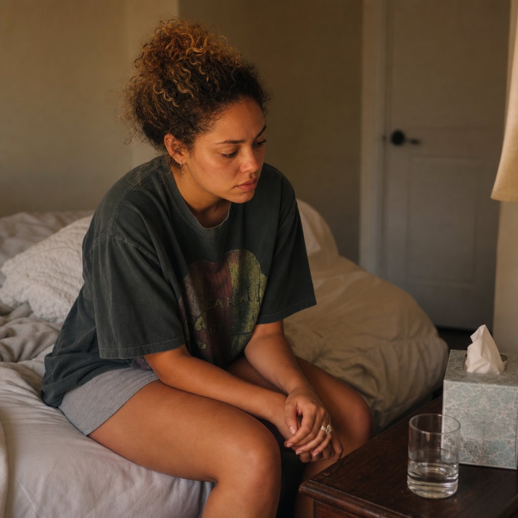 Iris sits on the bed staring at a face-down phone, fighting the urge to make a risky call.