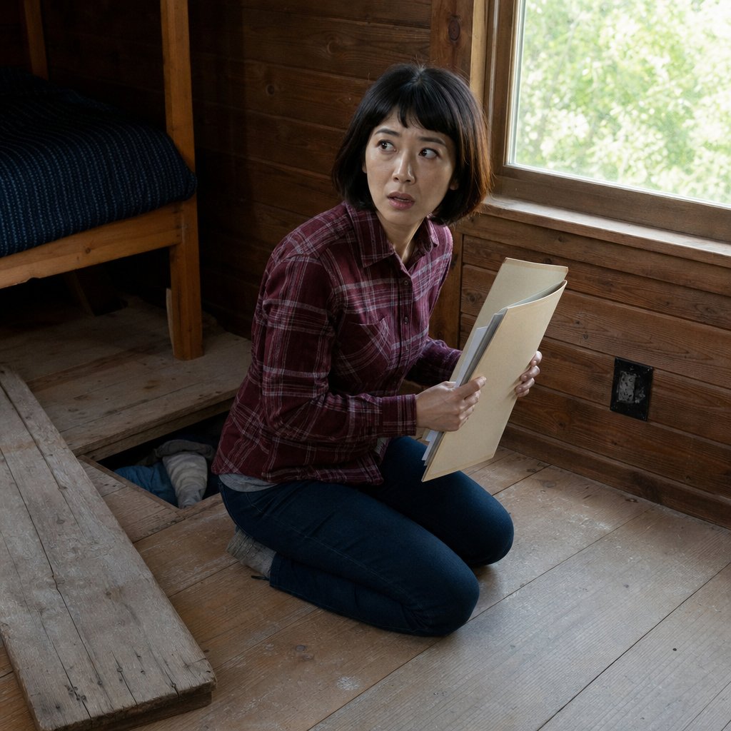 Iris kneels on a cabin floor holding an open folder, startled by a sound outside.