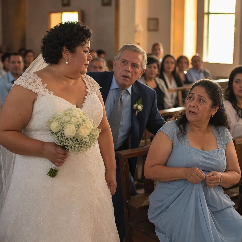 The bride stares at her mother, whose face shows sudden recognition and dread, as the groom’s father freezes half-standing.