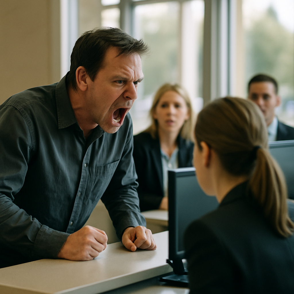 Man shouting at bank counter with tense staff and bystanders in daylight