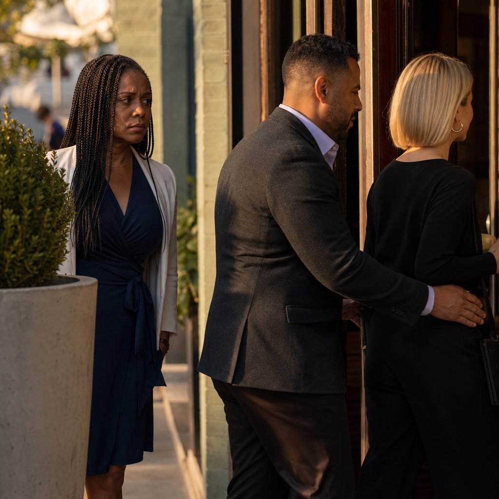 A woman watches from across the sidewalk as a man enters a restaurant with a blonde woman.
