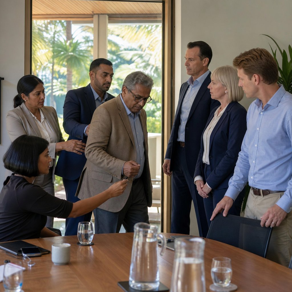 In a meeting room, Mara is escorted out while Jonah stands promoted and Priya slips Mara a flash drive.