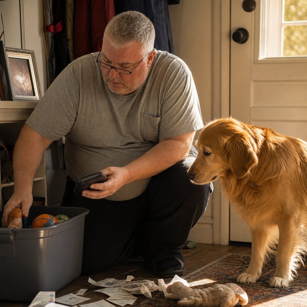 A man with glasses crouches by a dog-toy bin holding a phone as a golden retriever watches anxiously.
