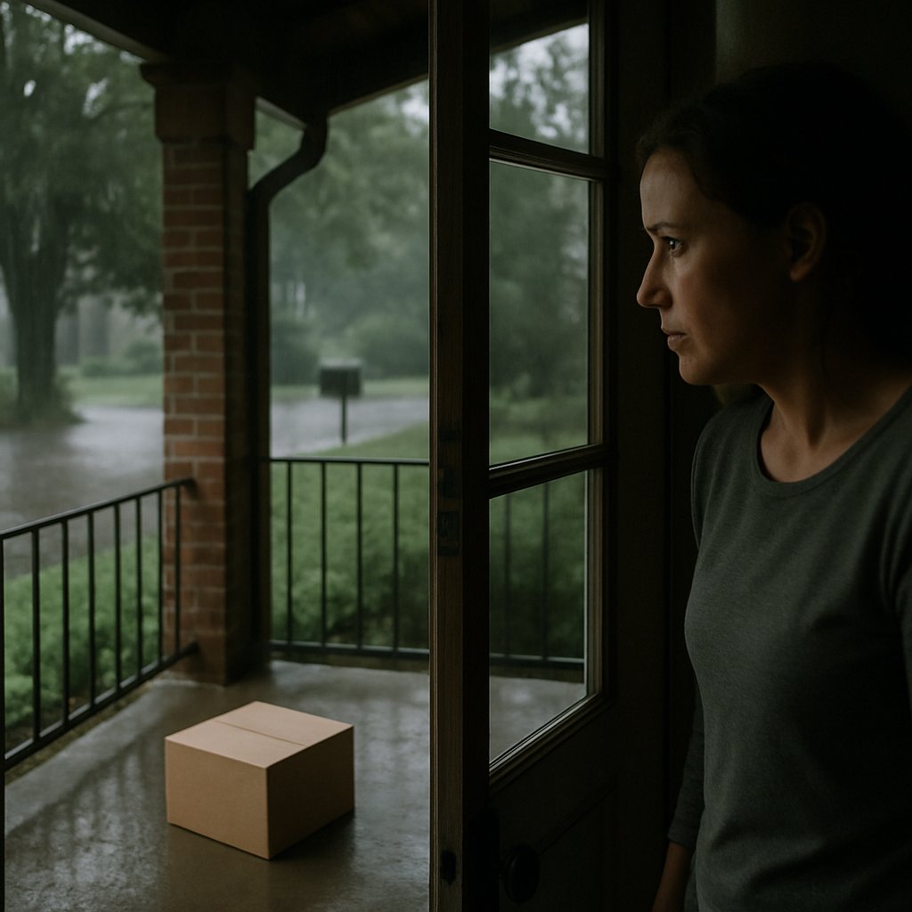 Woman looking concerned inside house near rainy front porch where package is missing.