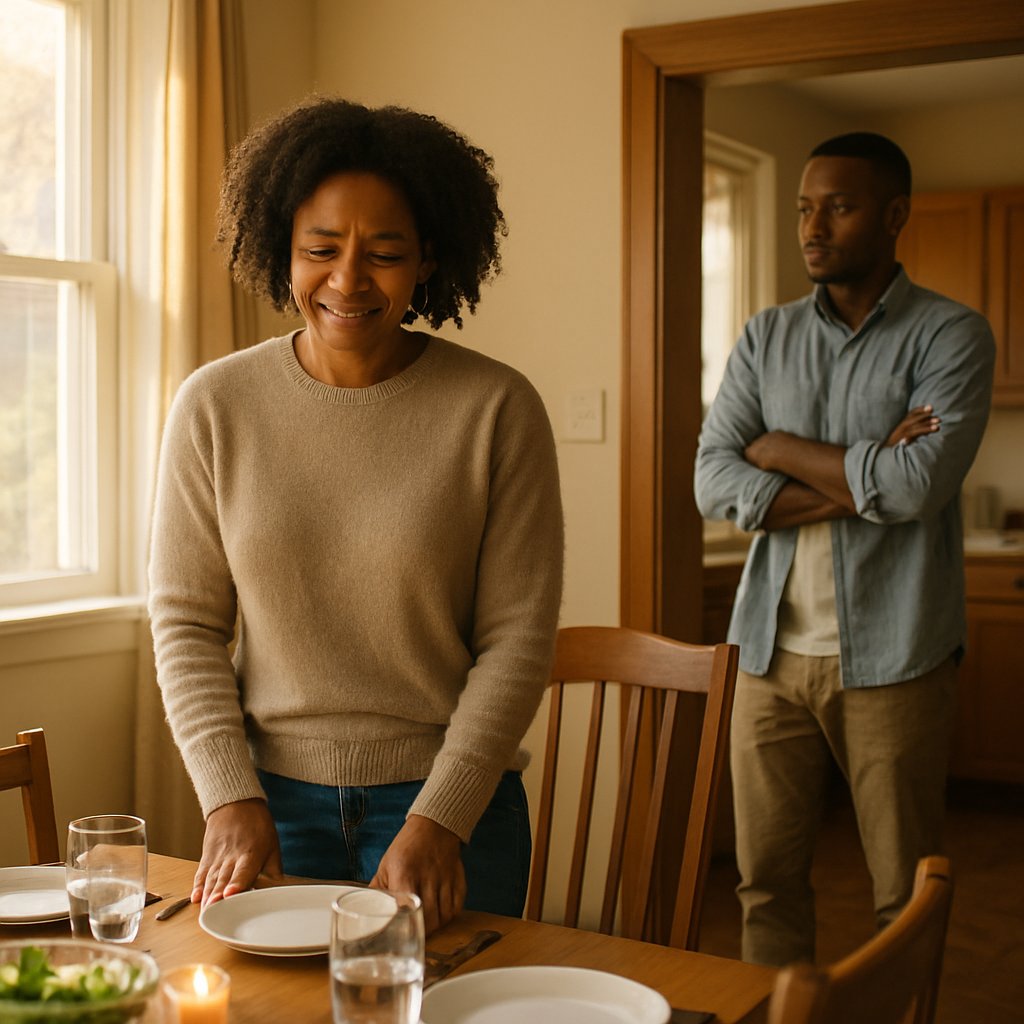 Woman looking down with forced smile while husband accuses her of jealousy.