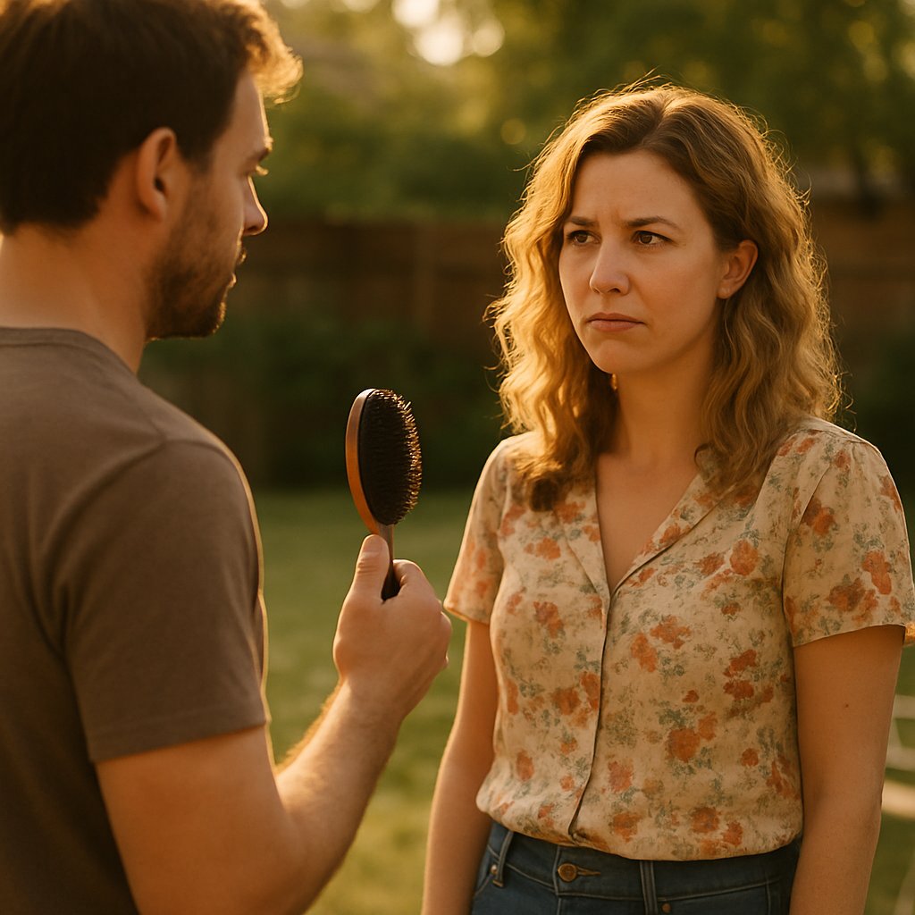 Man holding hairbrush outdoors, woman watching skeptically nearby.