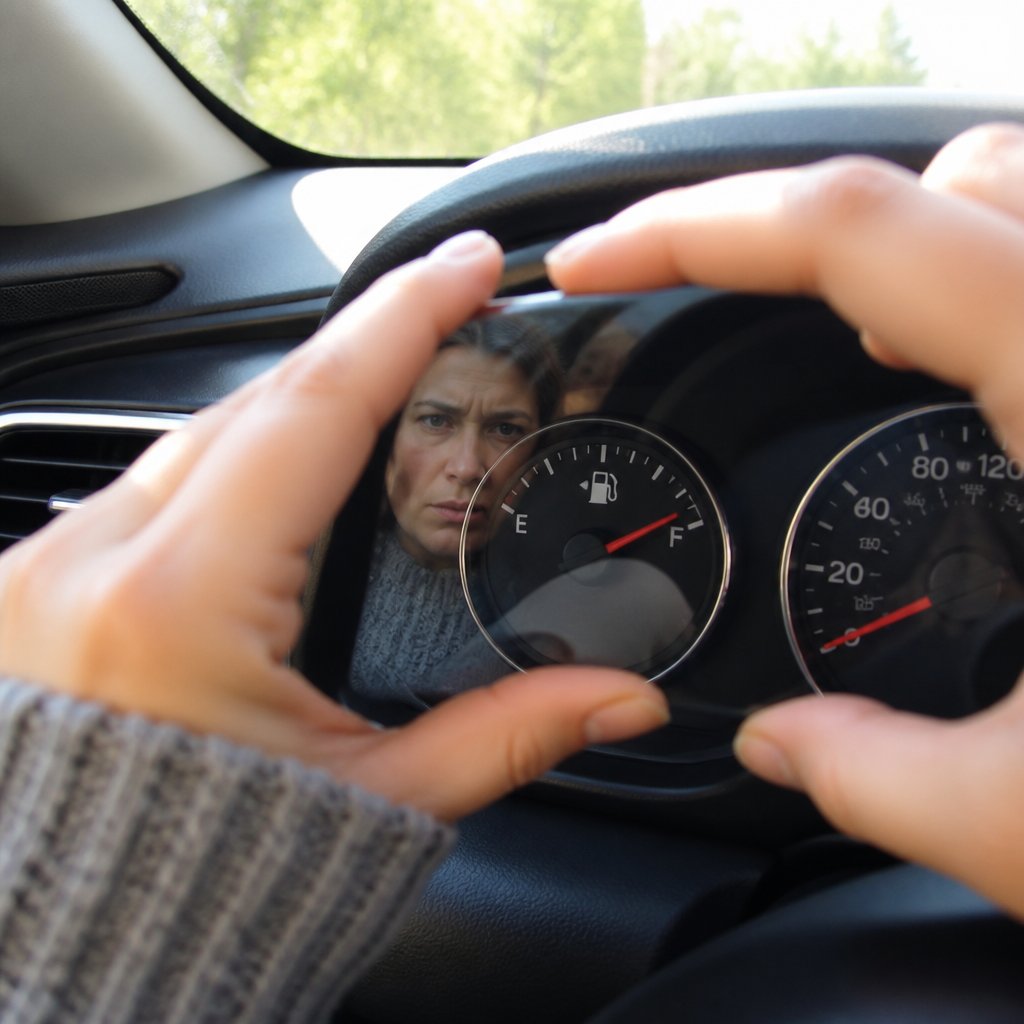 Woman’s hands photographing car fuel gauge and odometer, worried expression reflected in glass.