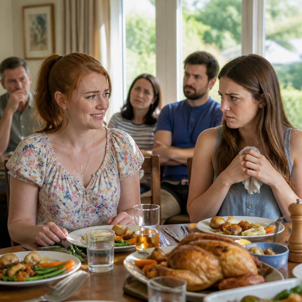 Older woman making an awkward joke at dinner, younger woman tense across the table