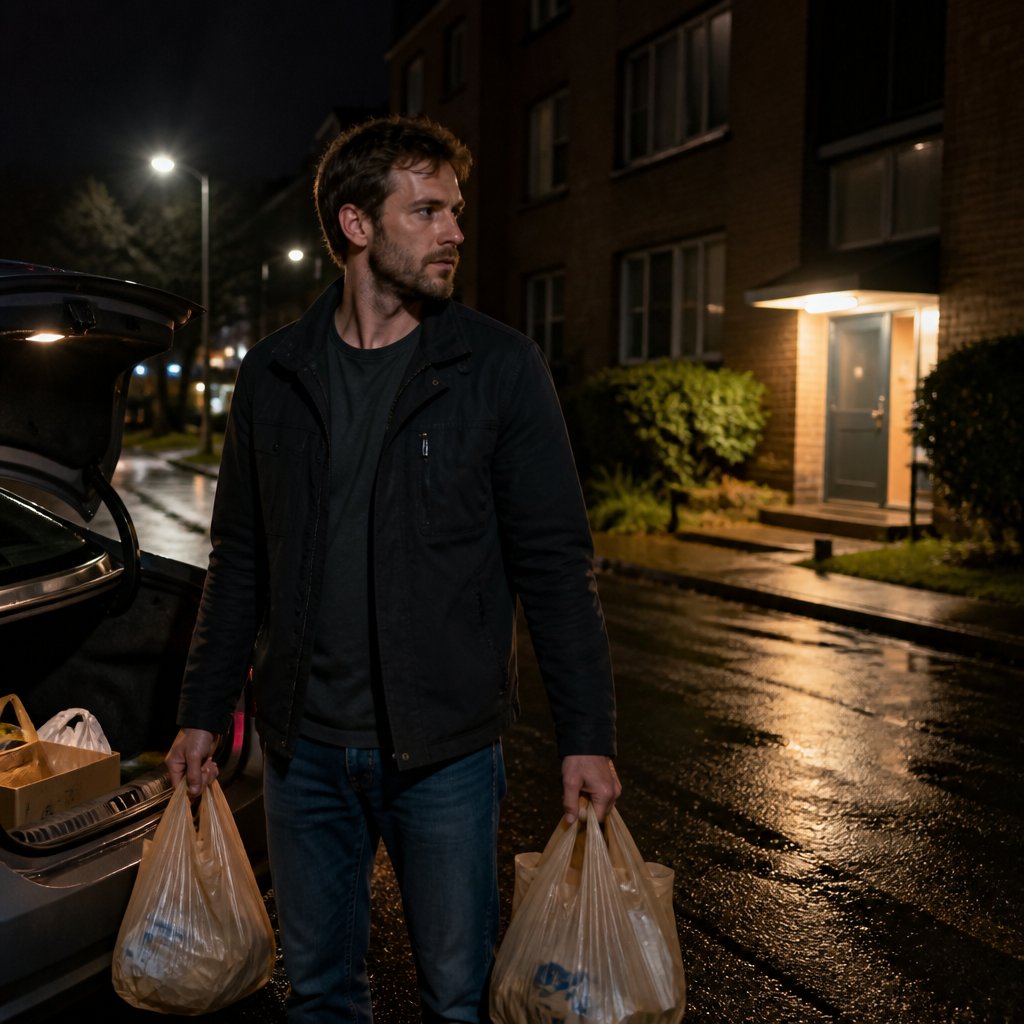 Man carrying grocery bags into an apartment building at night.