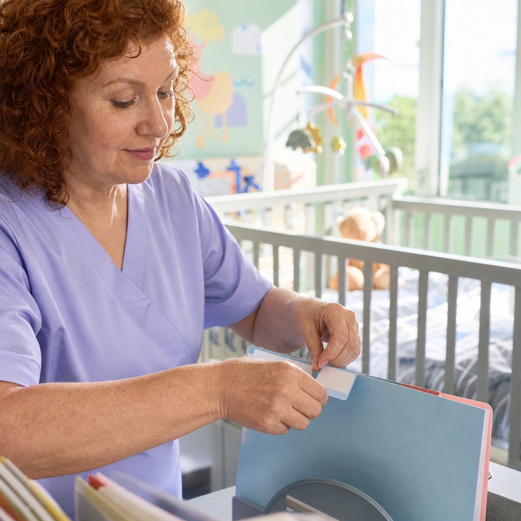 Nurse placing a name label on a baby’s medical chart at a clinic.