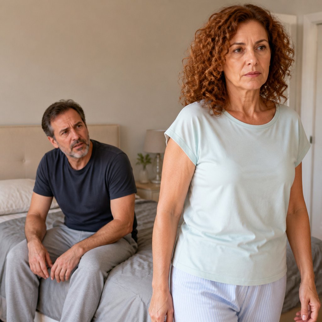 Man in navy T-shirt sitting on bed looking confused and concerned.
