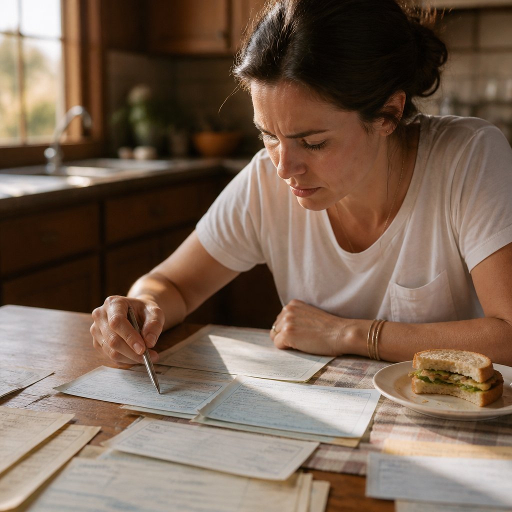 Woman examining canceled checks on a kitchen table, pointing at a handwritten memo on a check.