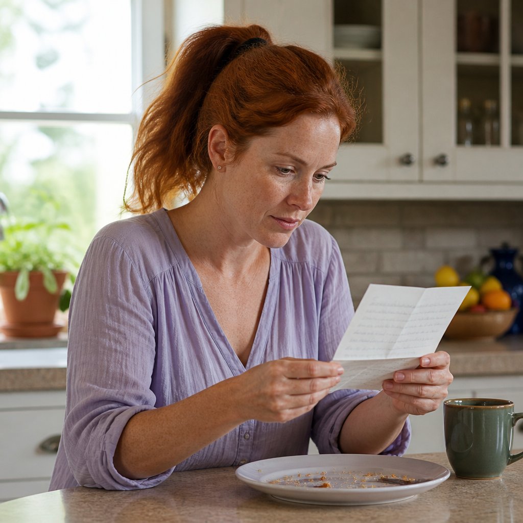 Woman reading a teacher’s note at a kitchen counter with concern