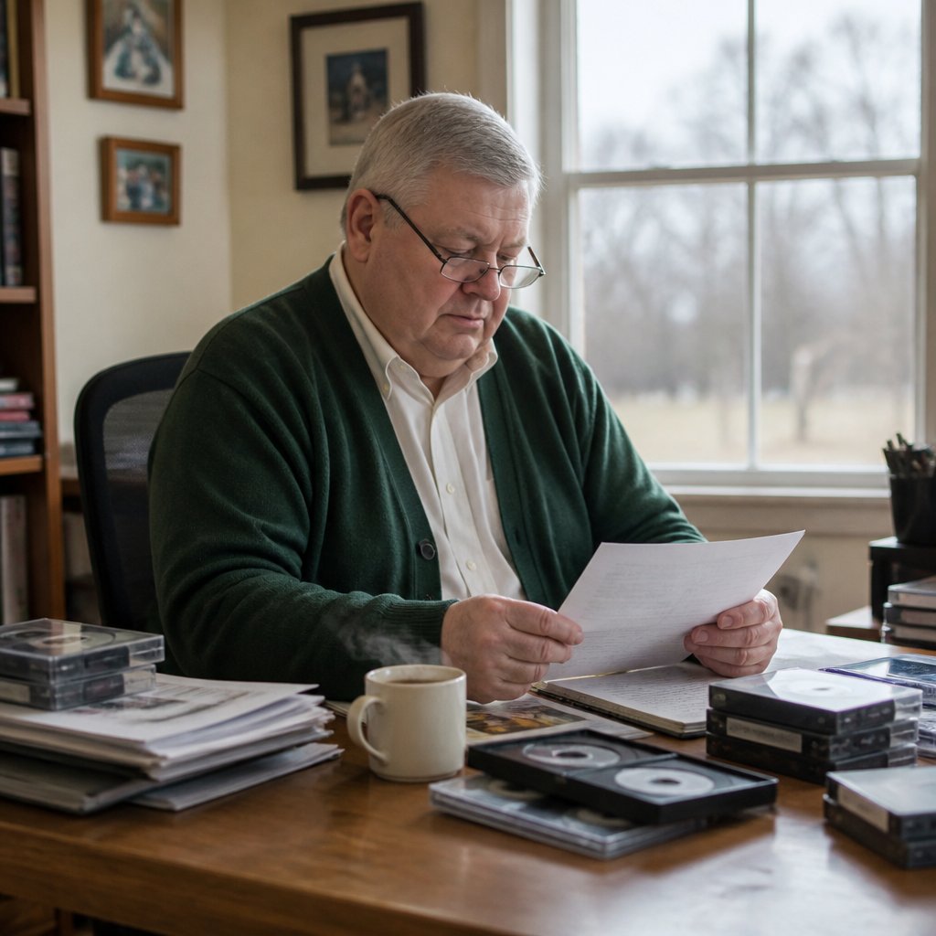 Man reviewing evidence at desk with steaming coffee on a gloomy day
