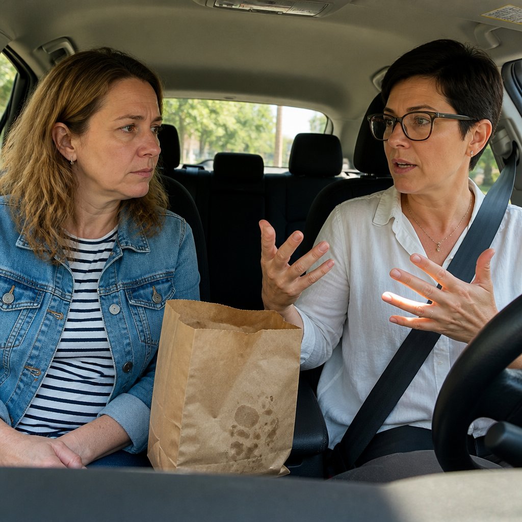 In a parked car, Jenna explains something firmly while Ivy listens, tense, with a takeout bag between them.