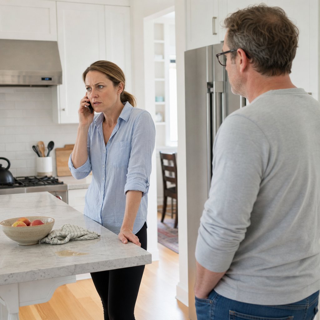 Nina stands in her kitchen on a tense call, gripping the counter as realization hardens.