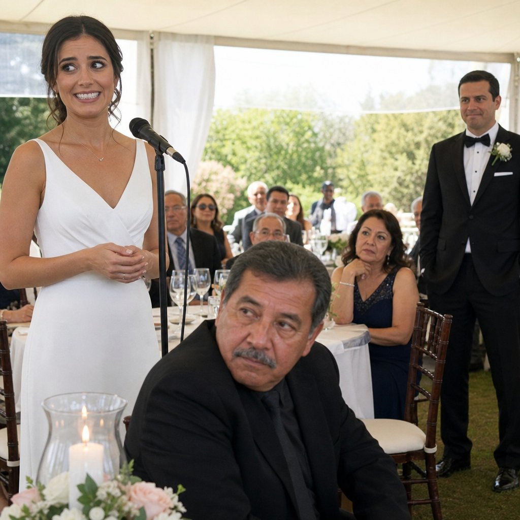 Callie smiles at the microphone while her eyes scan the room, landing on Table 12.