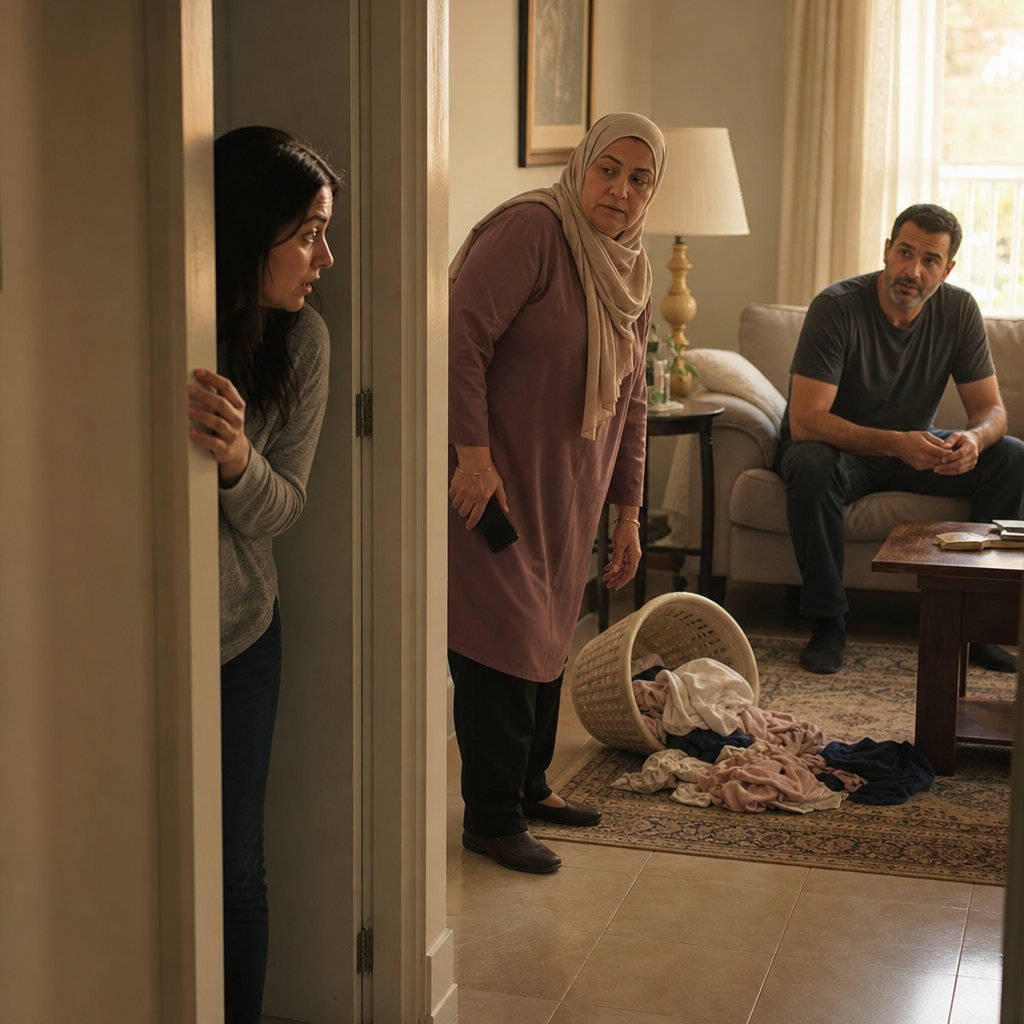 An older woman stands by a spilled laundry basket while a younger woman watches from a cracked door, alarmed.