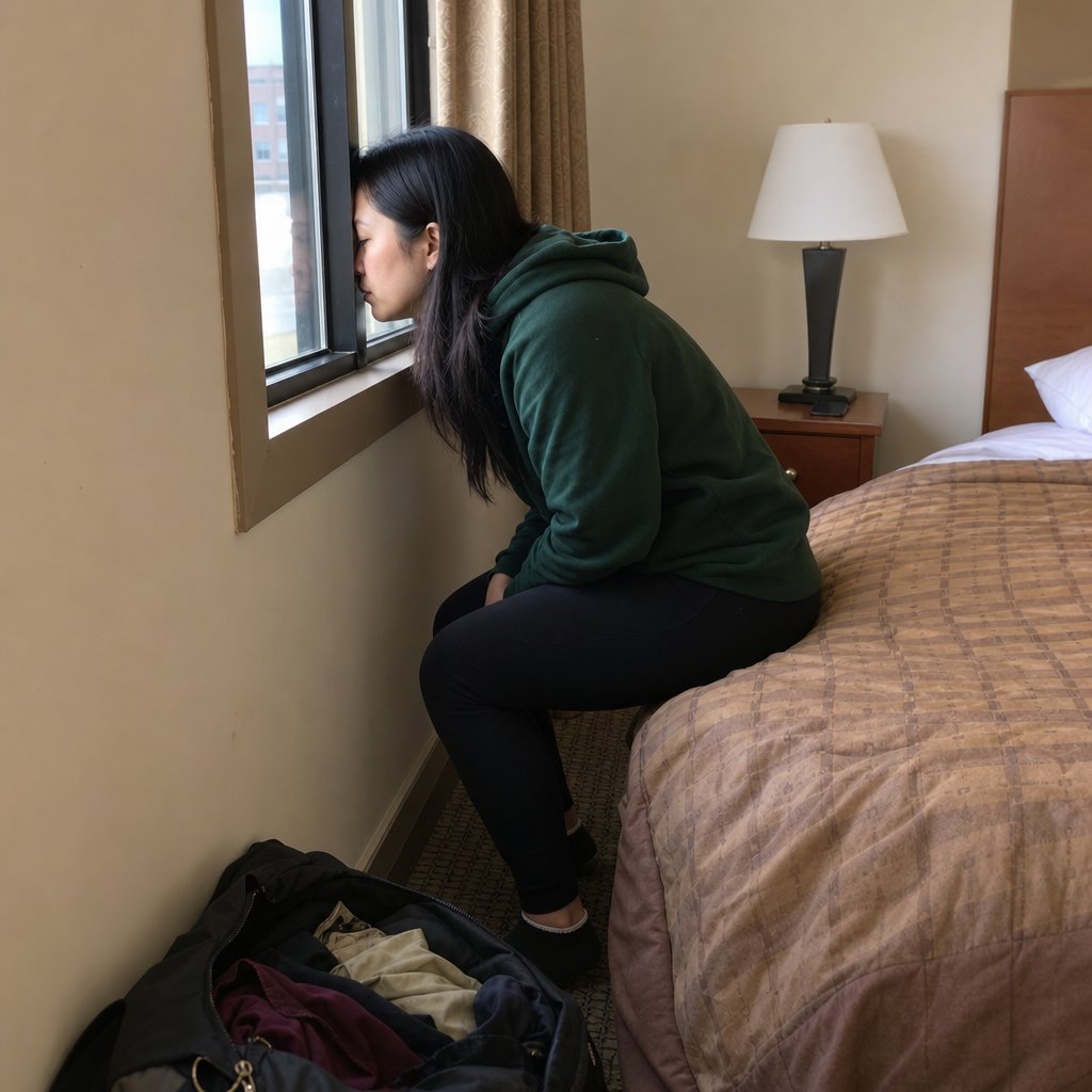 Mara sits in a hotel room, forehead against the window, phone face-down nearby.