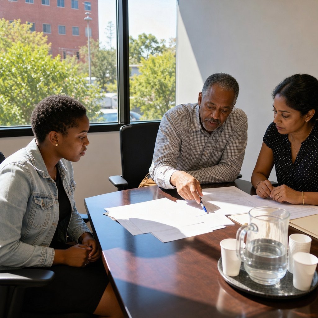 Mara watches as a forensic accountant points to paper trails on a conference table, her expression turning to shock.
