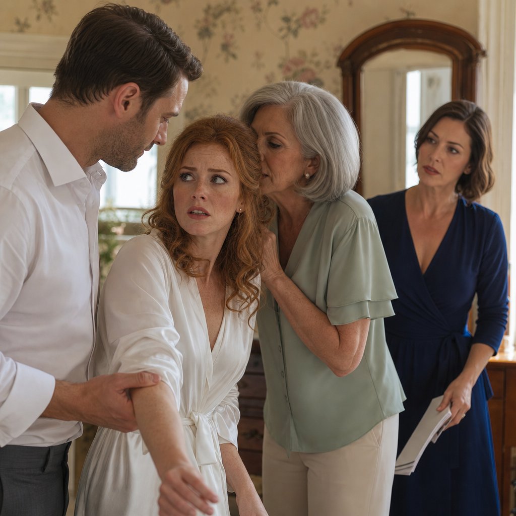 Evan grips Marin’s wrist while Rochelle whispers and Sienna stands holding documents in the bridal prep room.
