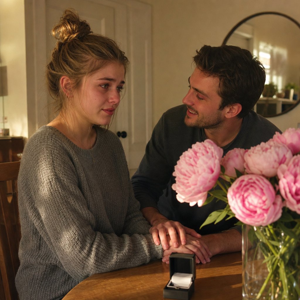 Graham holds Mara’s hand at dinner as peonies and an open jewelry box sit on the table.