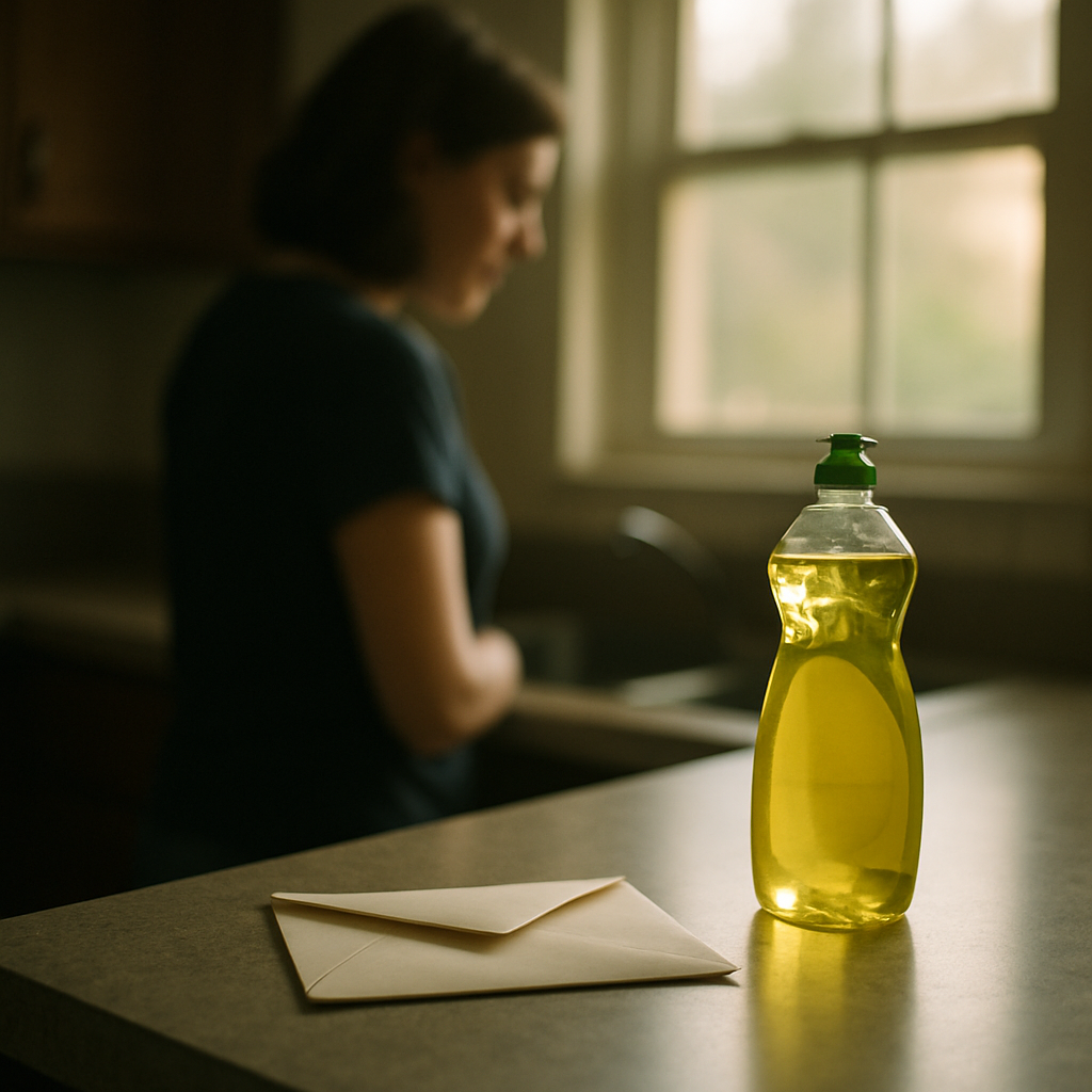 Envelope on kitchen counter with lemon cleaner bottle in soft light