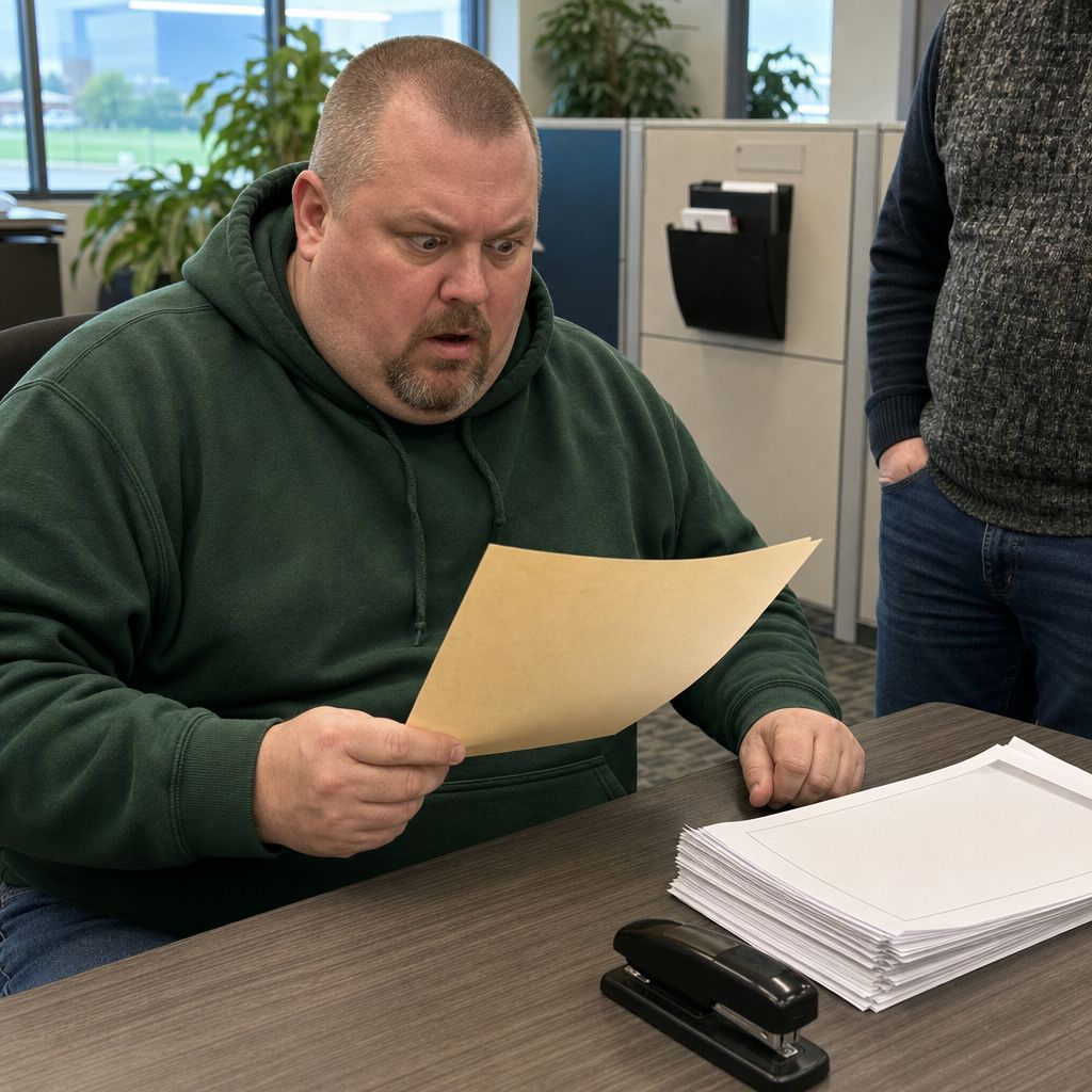 I sit at my desk clutching a folder as someone silently stands at the entrance to my cubicle.