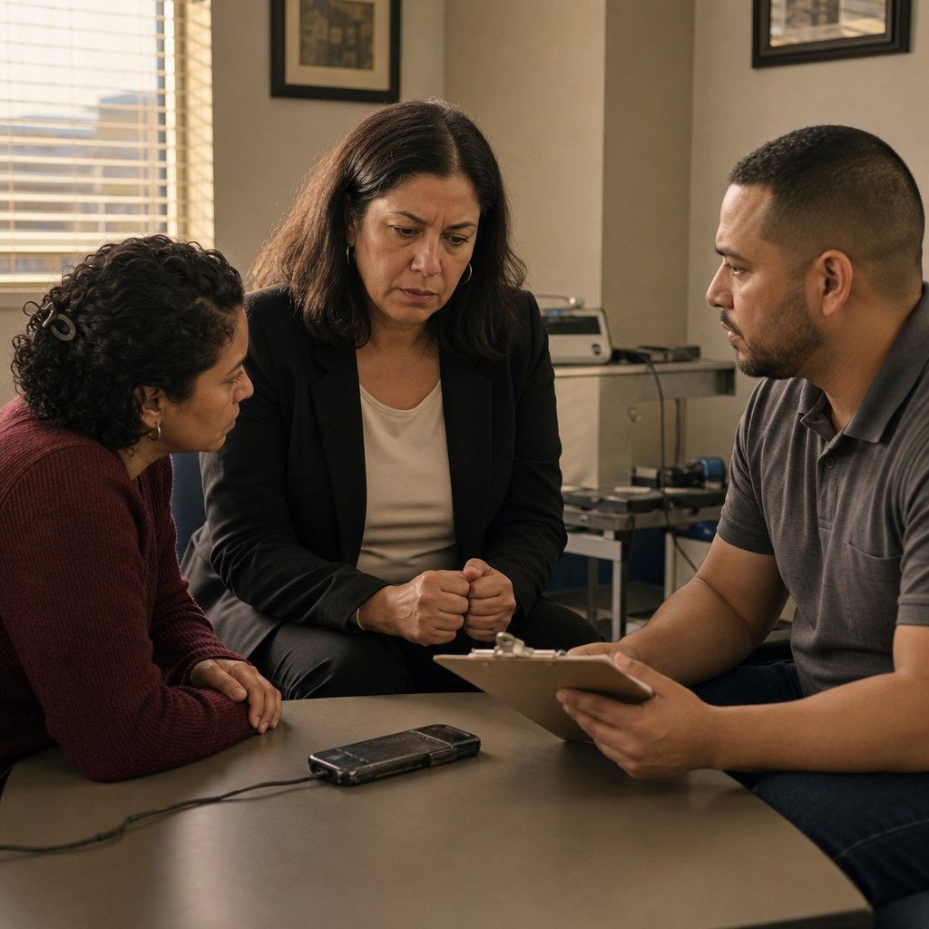 Mara sits rigid as a technician and her attorney review results with her old phone face-down on the table.