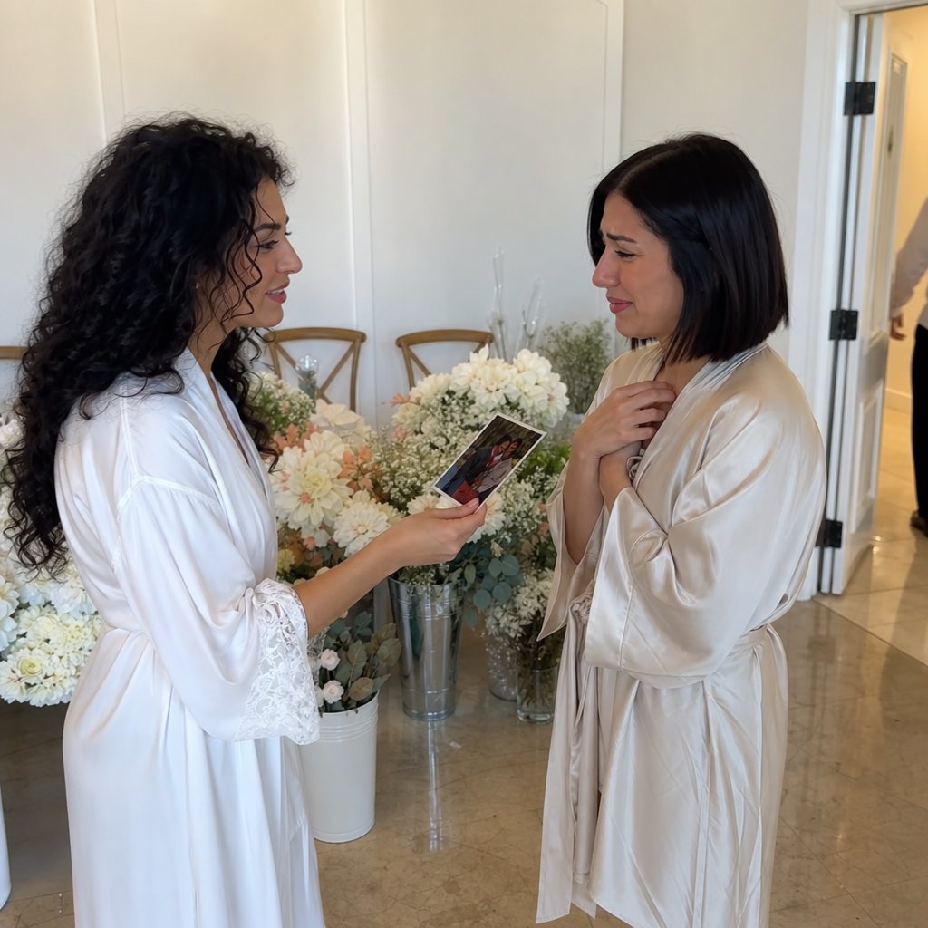 The bride confronts her sister beside the sweetheart table as someone arrives at the doorway.