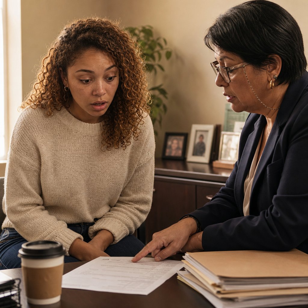 A forensic accountant points at statements as Iris absorbs the realization that money was diverted automatically.