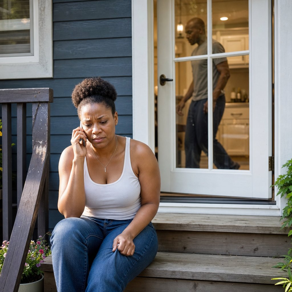 A woman sits on porch steps on a call, gripping her jeans, while a man moves inside the house behind her.