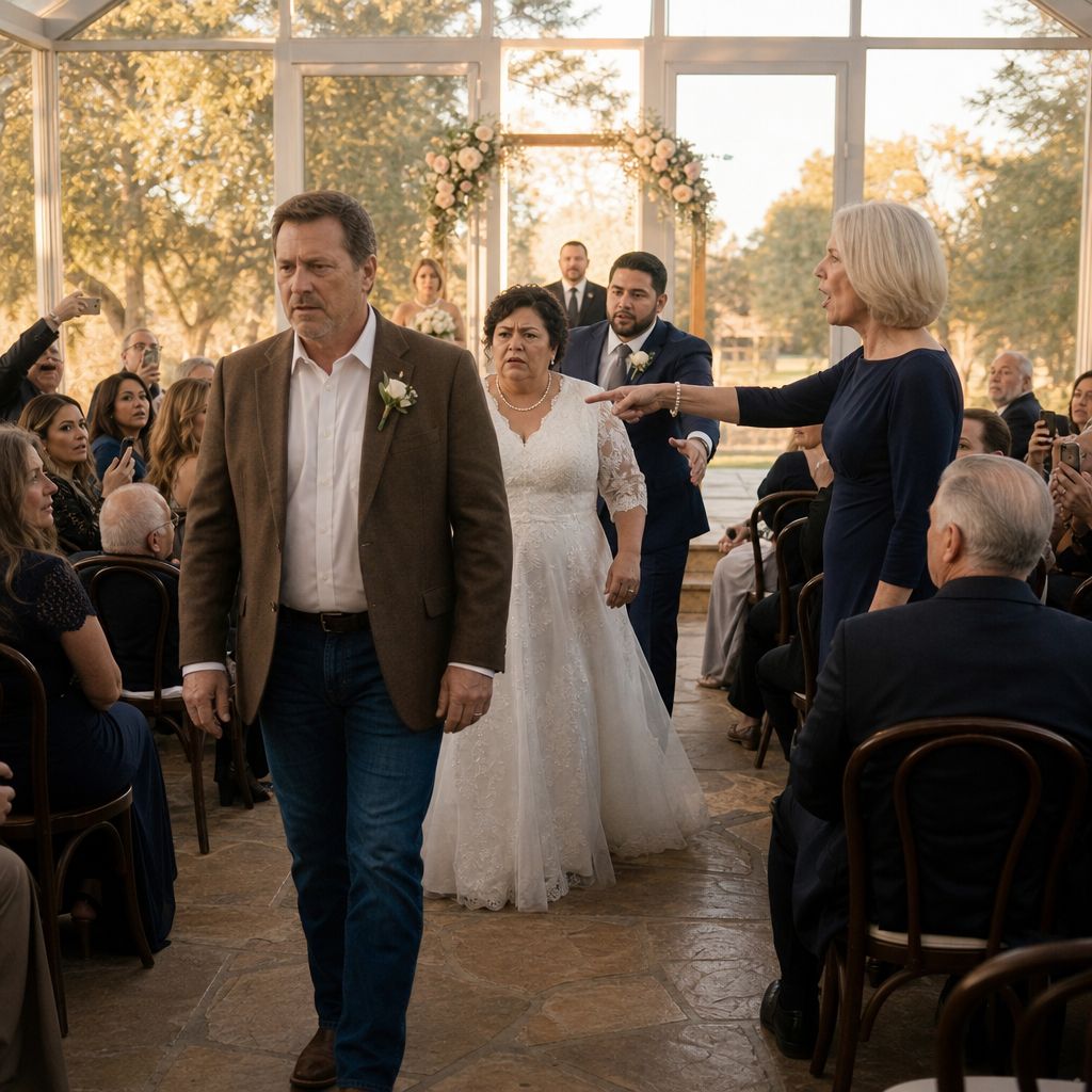 A man with a boutonnière steps forward in the aisle while the groom lunges toward him and guests raise phones to record.