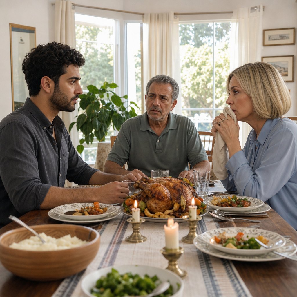 At a candlelit dinner, Kendra looks tense as Ivy stares back and Dad looks confused.