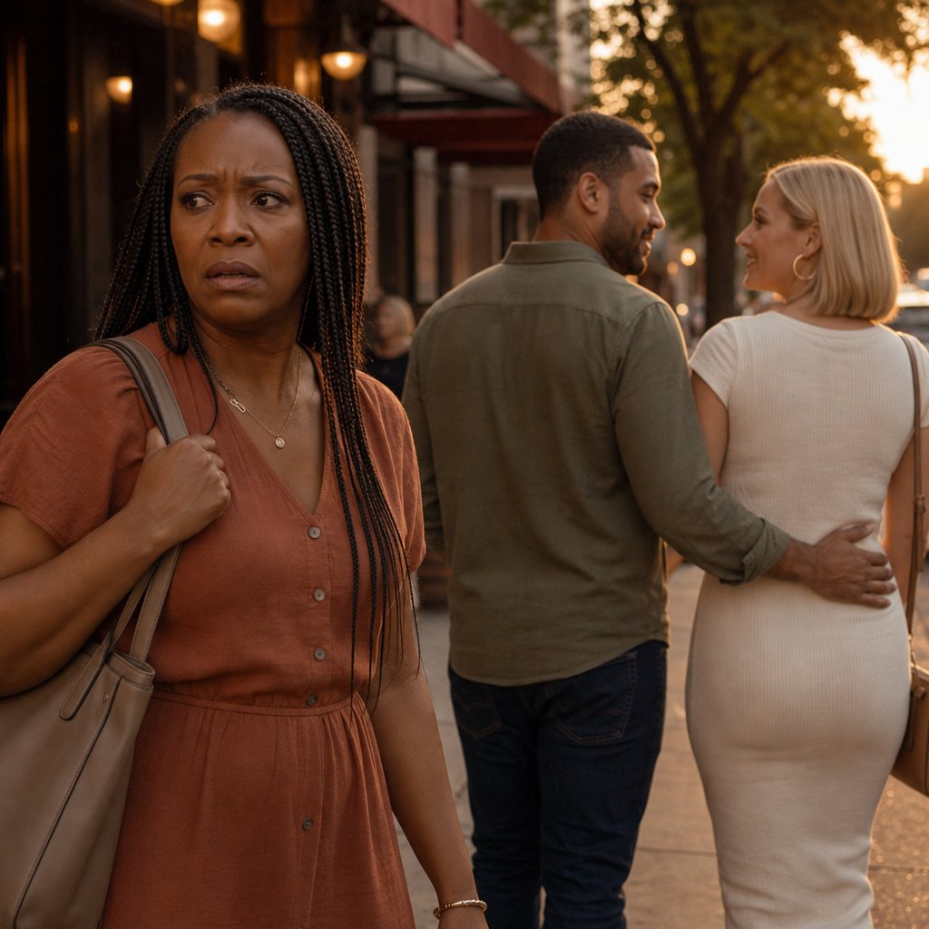 A woman looks stricken as she discreetly captures a moment of a man touching another woman’s lower back.