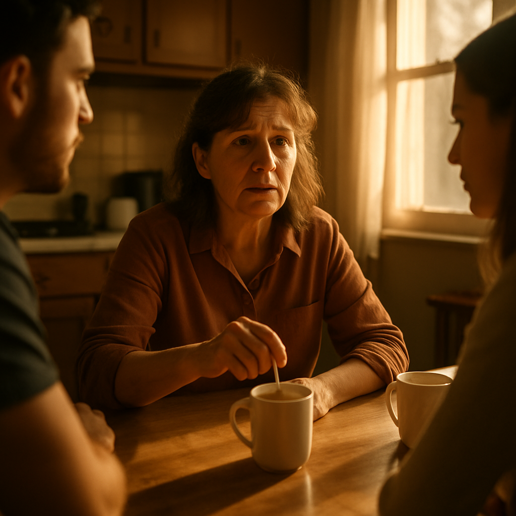Woman nervously revealing family secret to attentive listeners in a sunlit kitchen