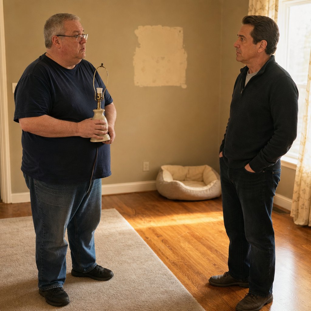 Two men face off in a living room, one holding a lamp while the other stares, tense.