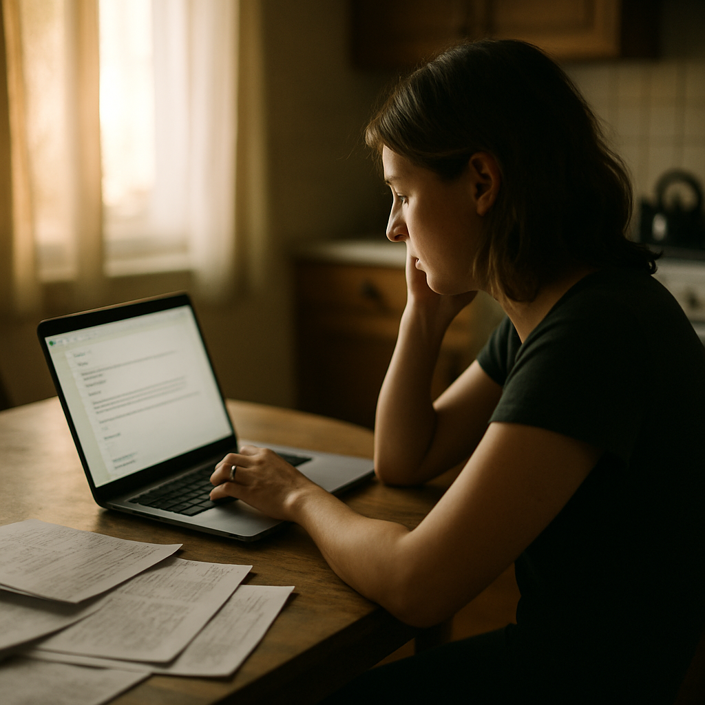 Woman reading email on laptop with homework papers on table in sunny kitchen.