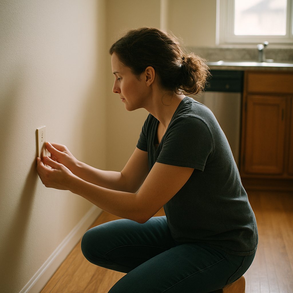 Woman examining a loose phone jack plate in an empty kitchen.