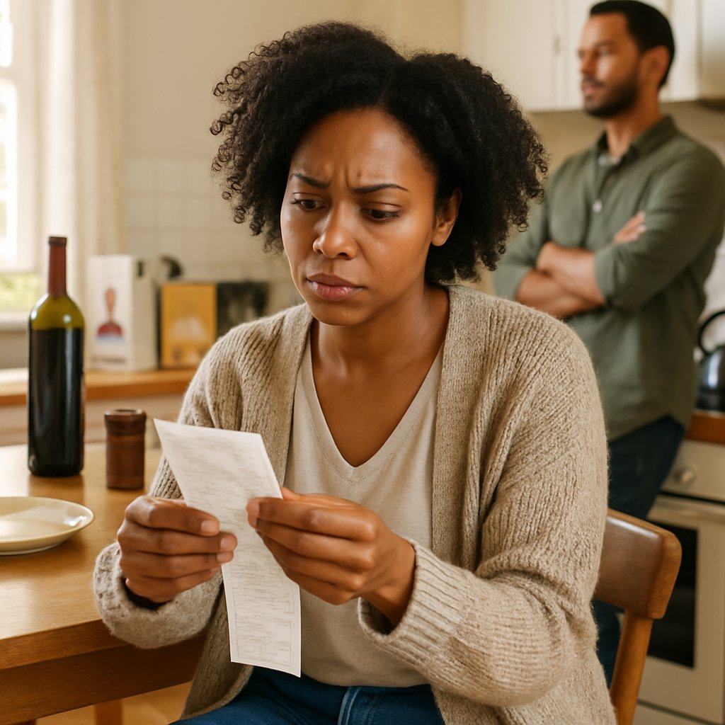 Woman examines grocery receipt with suspicion while husband looks away in kitchen.