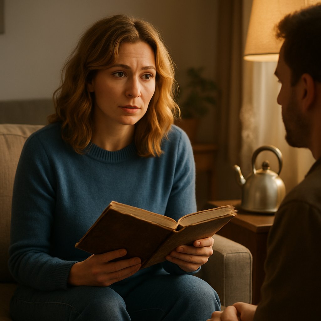 Woman holding photo album on couch, speaking earnestly to seated man.