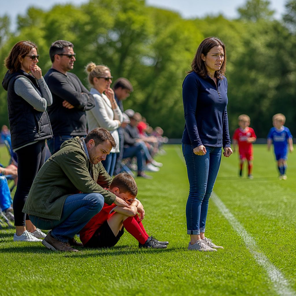 Greg comforting son on soccer field while mother watches from sidelines, tense atmosphere.