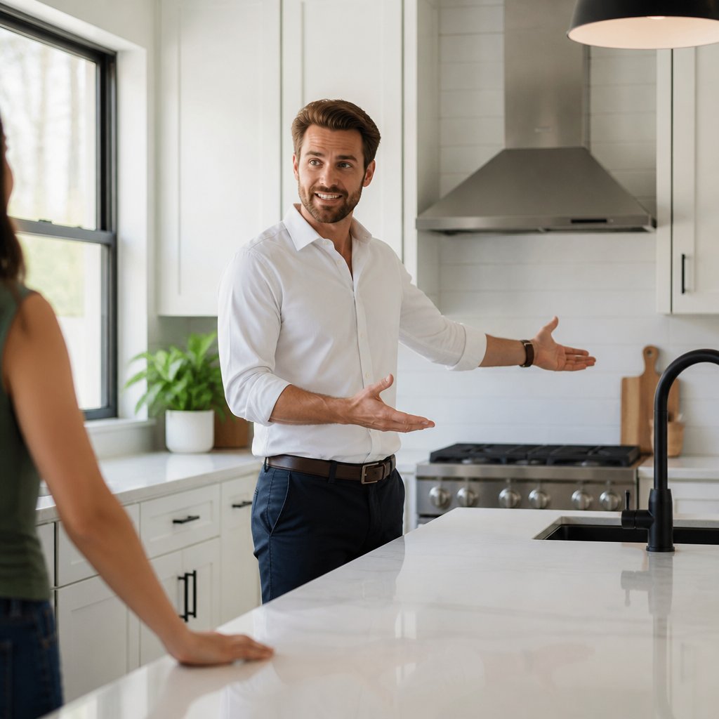 Man pointing to clean kitchen with an uneasy smile.