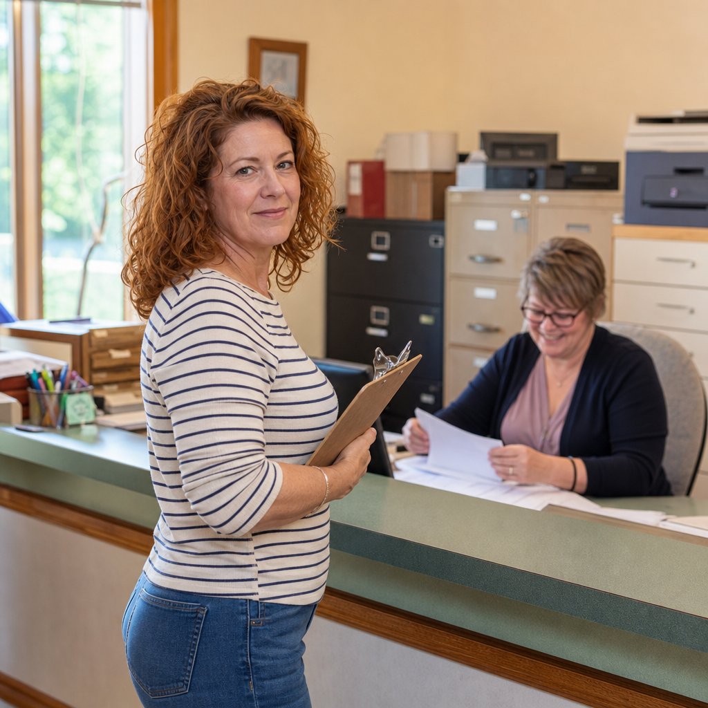 Woman at county clerk’s office holding paperwork, clerk working behind counter.
