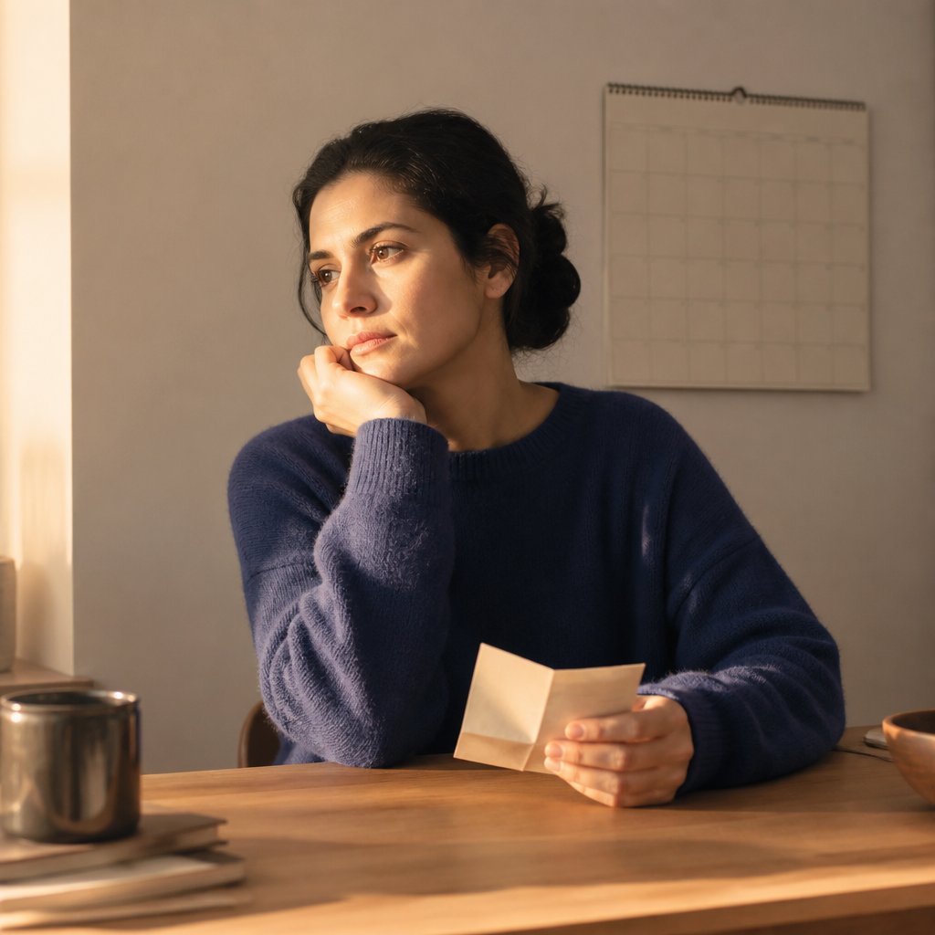 Woman holding a handwritten note, looking thoughtfully at a blank calendar on the wall.