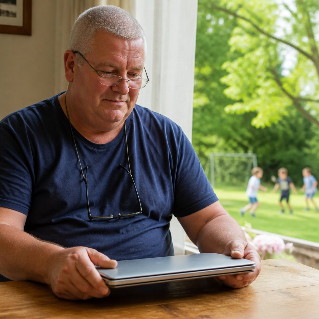 Man closing laptop after discovering secret chat with blurred window background